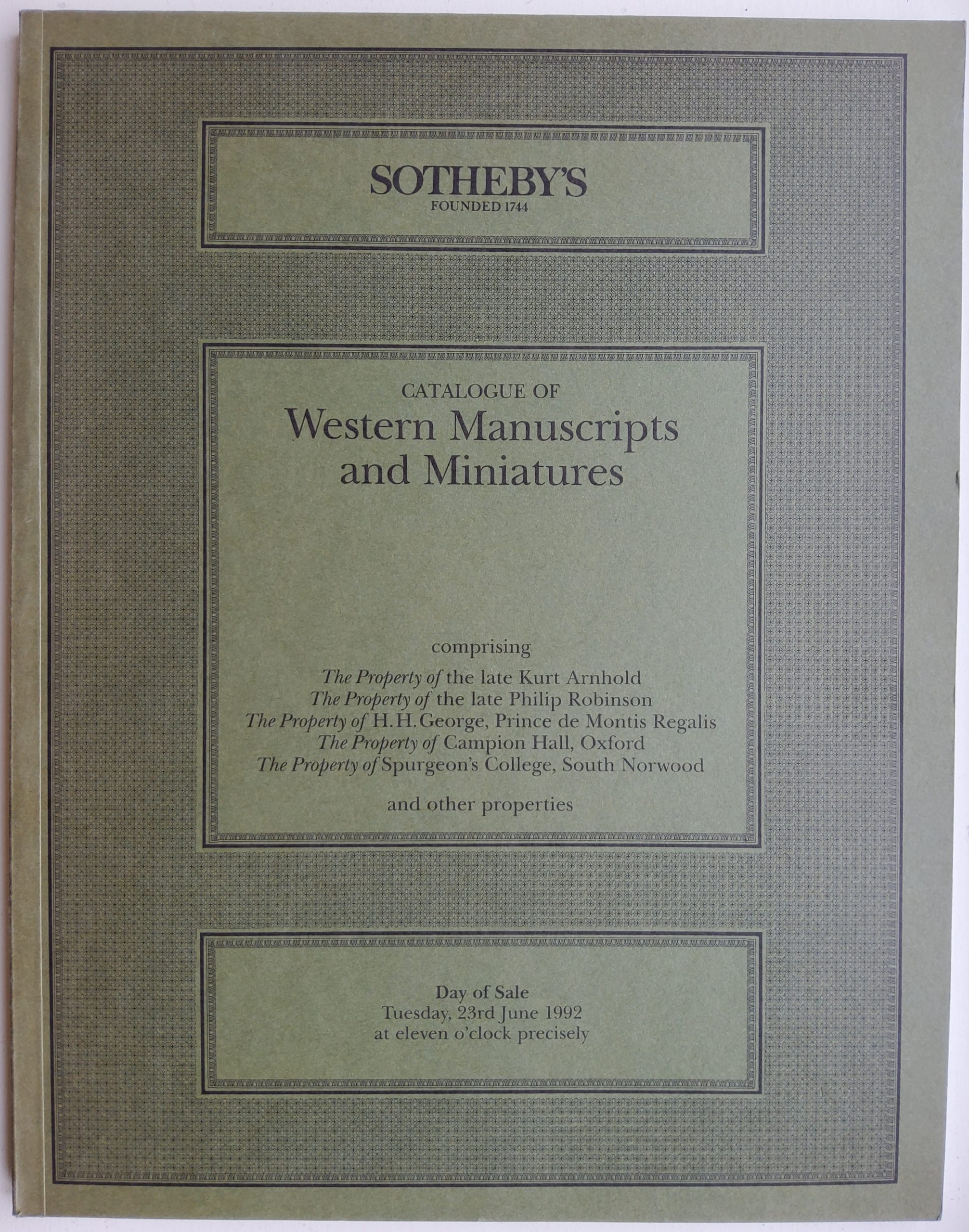 Sotheby’s Catalogue of Western Manuscripts and Miniatures 23 June 1992.