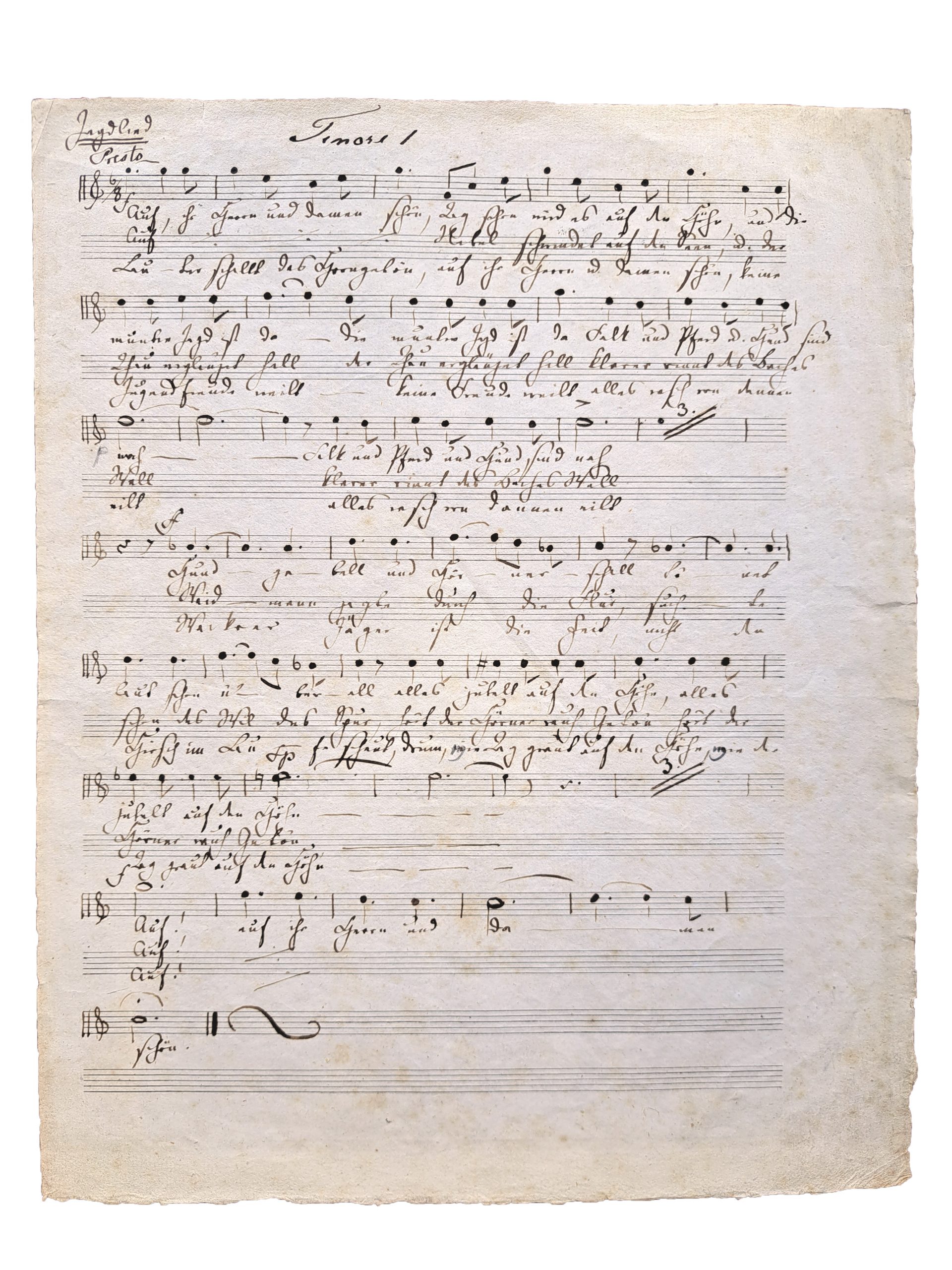 MENDELSSOHN BARTHOLDY, Felix. Manuscript of the choral tenor part of “Jagdlied”
